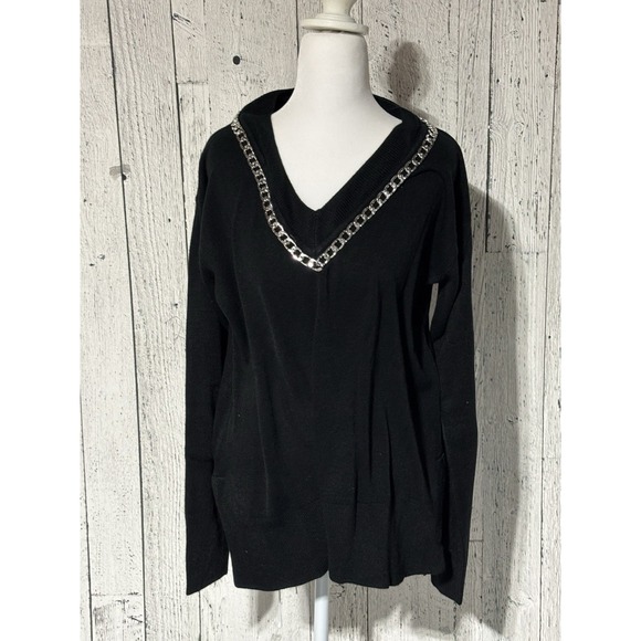 DG2 by Diane Gilman Sweaters - DG2 by Diane Gilman Lux Touch Knit Chain-Trim V-Neck Sweater Black S New
